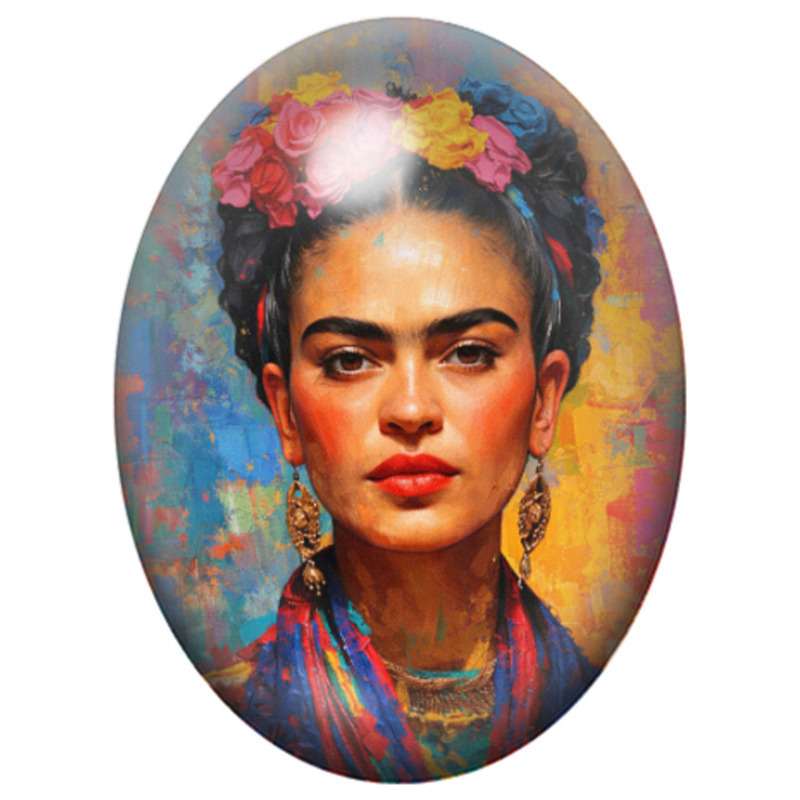 Cabochon en Verre Illustré Frida Kahlo au Portrait Coloré 13x18, 18x25 ou 30x40mm