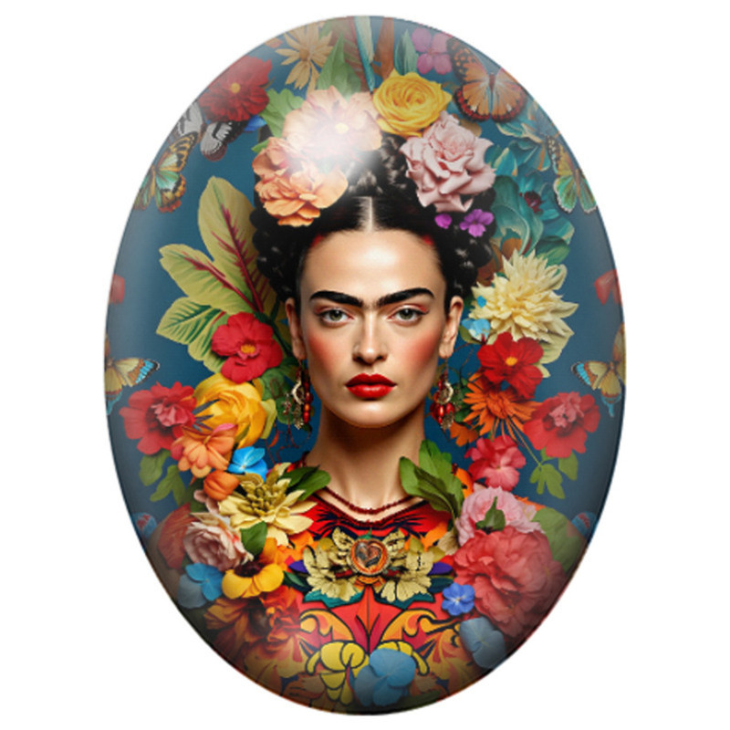 Cabochon en Verre Illustré Frida Kahlo au Jardin de Fleurs 13x18, 18x25 ou 30x40mm