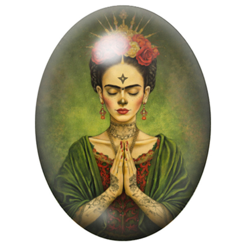 Cabochon en Verre Illustré Frida Kahlo aux Mains Jointes 13x18, 18x25 ou 30x40mm