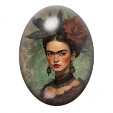 Cabochon en Verre Illustré Frida Kahlo à la Grande Rose Rouge 13x18, 18x25 ou 30x40mm pour la création de bijoux fantaisie - DIY