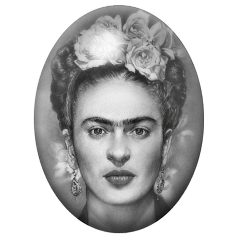 Cabochon en Verre Illustré Frida Kahlo en Noir et Blanc aux Roses 13x18, 18x25 ou 30x40mm