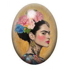 Cabochon en Verre Illustré Frida Kahlo de Profil aux Fleurs Roses et Bleues 13x18, 18x25 ou 30x40mm pour la création de bijoux f