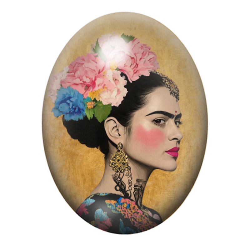 Cabochon en Verre Illustré Frida Kahlo de Profil aux Fleurs Roses et Bleues 13x18, 18x25 ou 30x40mm