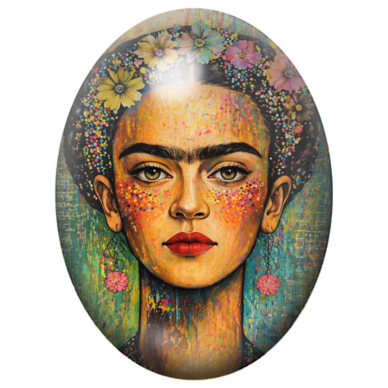 Cabochon en Verre Illustré Frida Kahlo en Mosaïque Fleurie 13x18, 18x25 ou 30x40mm