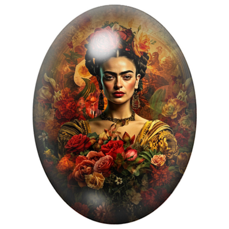Cabochon en Verre Illustré Frida Kahlo en Robe Dorée aux Roses 13x18, 18x25 ou 30x40mm