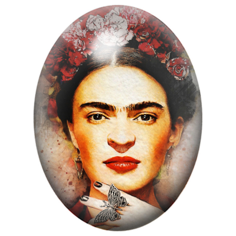 Cabochon en Verre Illustré Frida Kahlo au Papillon Gris 13x18, 18x25 ou 30x40mm