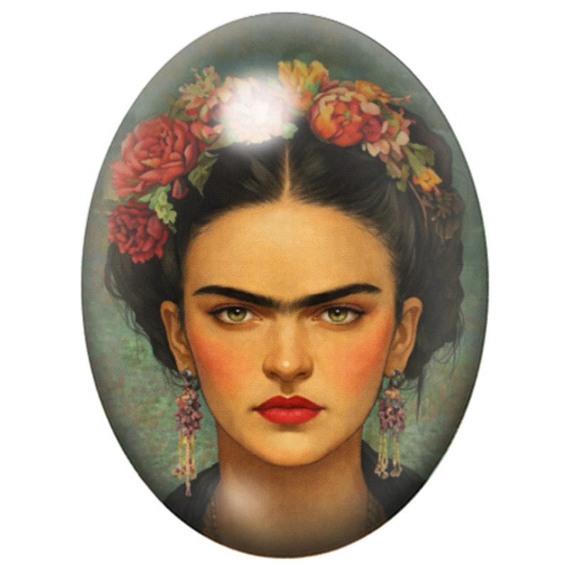 Cabochon en Verre Illustré Frida Kahlo à la Couronne de Roses Rouges 13x18, 18x25 ou 30x40mm