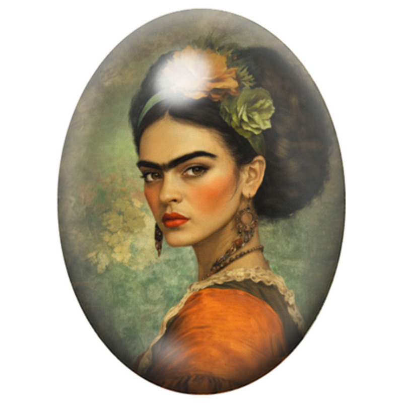 Cabochon en Verre Illustré Frida Kahlo de Profil en Robe Orange 13x18, 18x25 ou 30x40mm