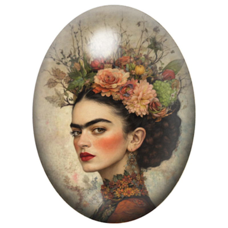 Cabochon en Verre Illustré Frida Kahlo à la Coiffe Florale Vintage 13x18, 18x25 ou 30x40mm