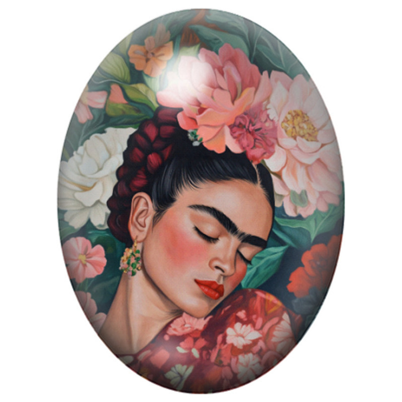 Cabochon en Verre Illustré Frida Kahlo Endormie parmi les Pivoines 13x18, 18x25 ou 30x40mm