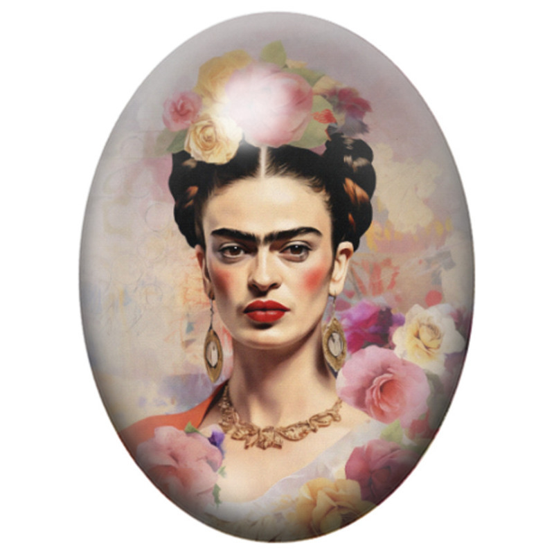 Cabochon en Verre Illustré Frida Kahlo aux Roses Pastel 13x18, 18x25 ou 30x40mm