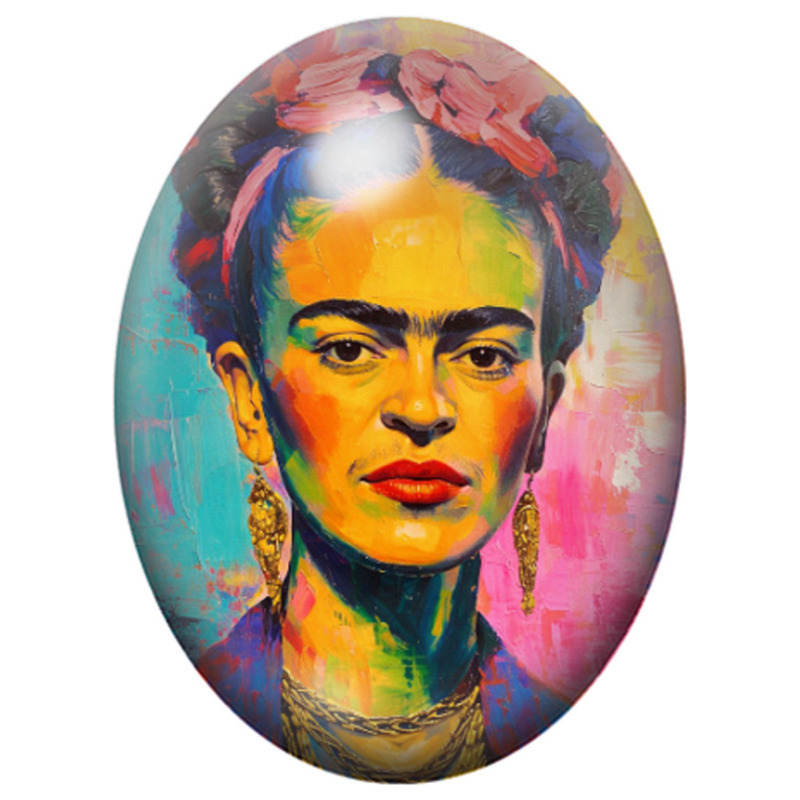 Cabochon en Verre Illustré Frida Kahlo en Pop Art Multicolore 13x18, 18x25 ou 30x40mm