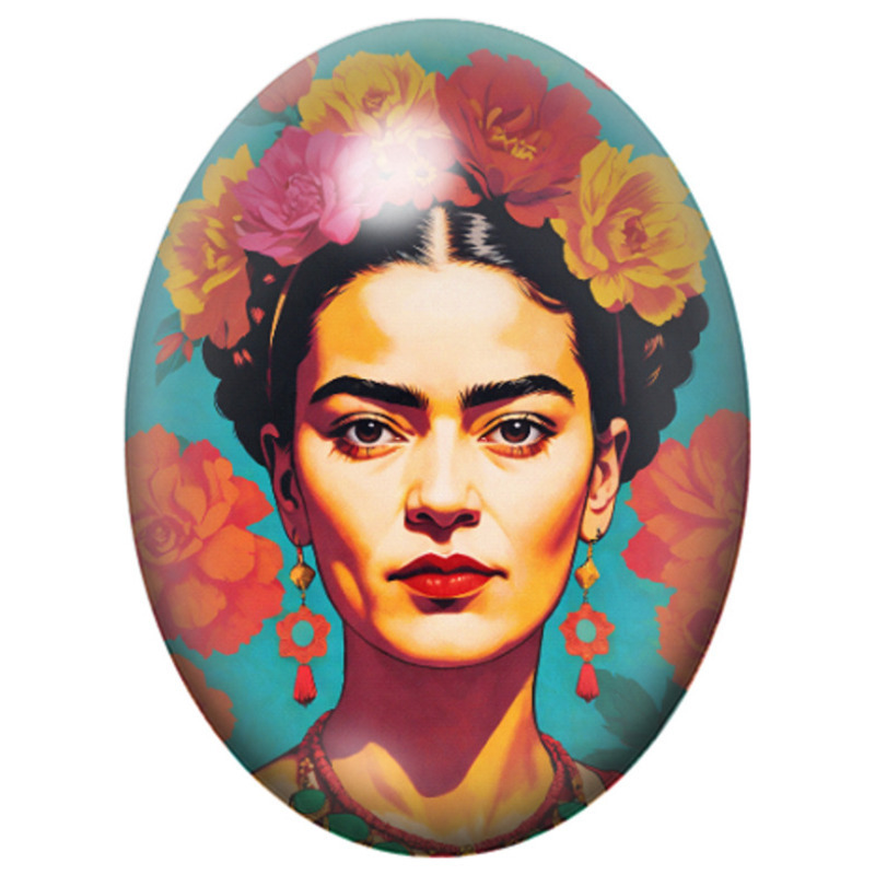 Cabochon en Verre Illustré Frida Kahlo Pop Art aux Fleurs 13x18, 18x25 ou 30x40mm