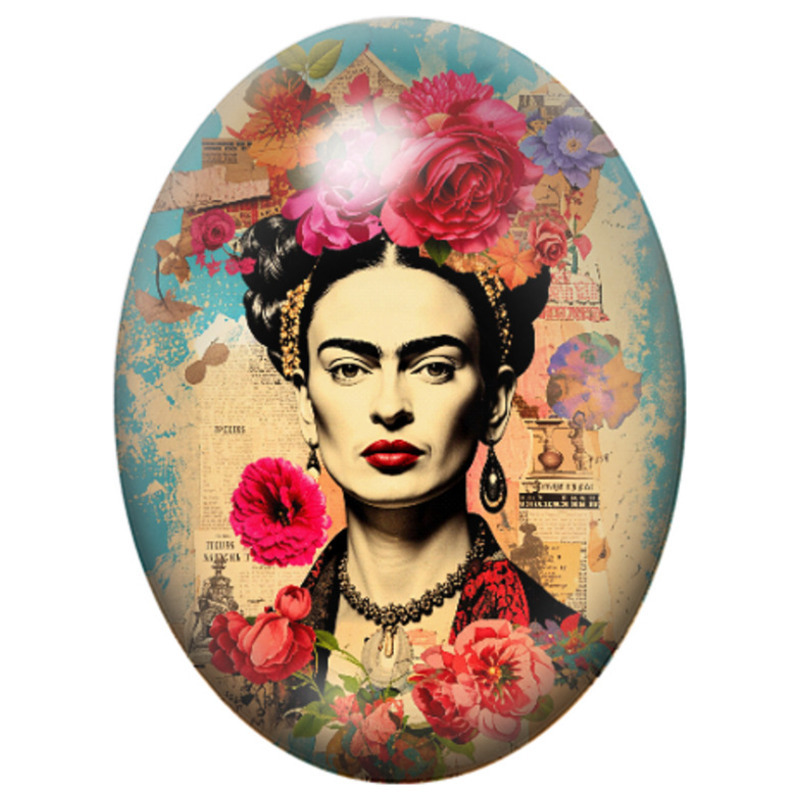 Cabochon en Verre Illustré Frida Kahlo en Collage aux Roses 13x18, 18x25 ou 30x40mm