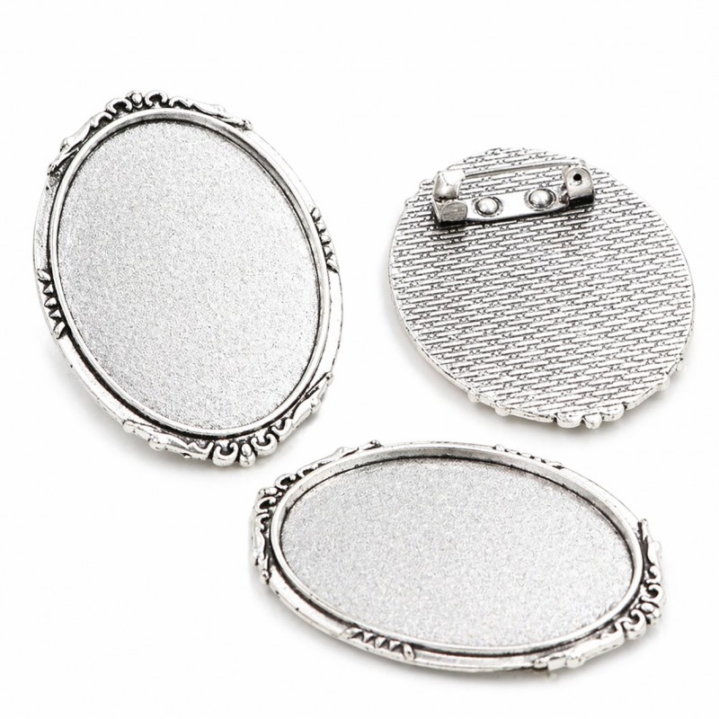 Support Broche Argenté pour Cabochon Ovale 30x40mm