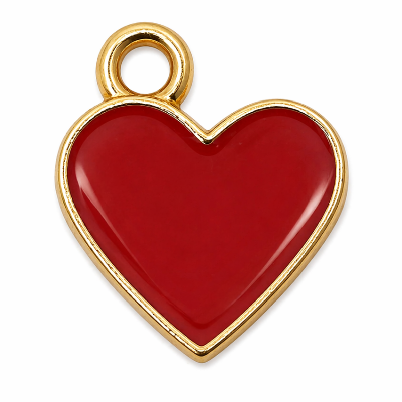 2 Breloques Coeur en Émail Rouge Métal Doré 13x12mm