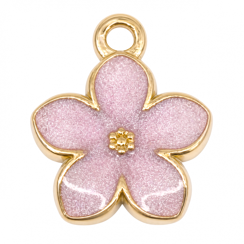 Breloque Fleur en Émail Rose Acier Inoxydable Doré 12x10mm
