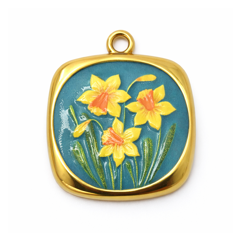 Breloque Jonquilles en Émail Acier Inoxydable Doré 23x19mm