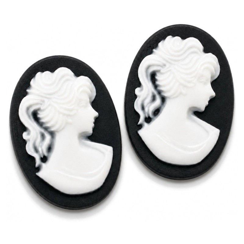 2 Camées Lady Vintage Noir et Blanc 13x18mm