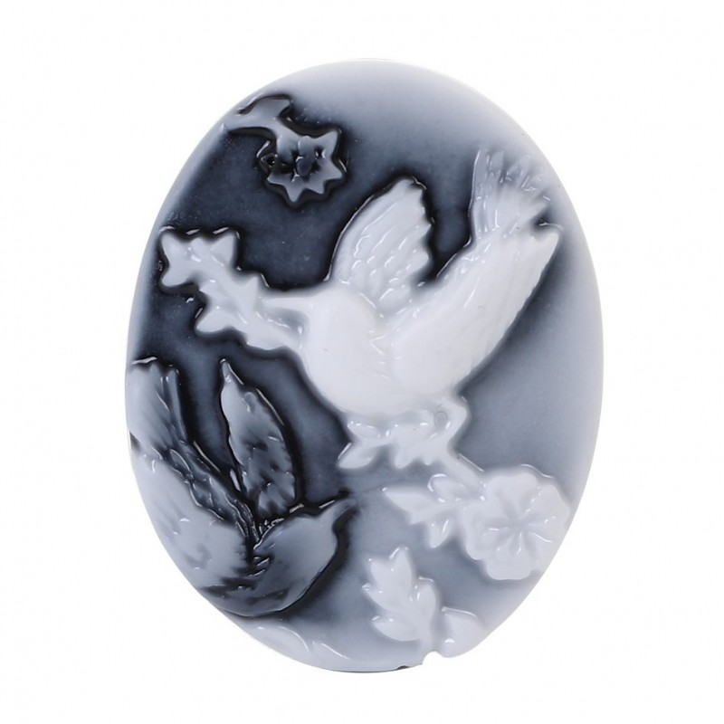 2 Camées Cabochon Oiseaux Noir et Blanc 26x20mm