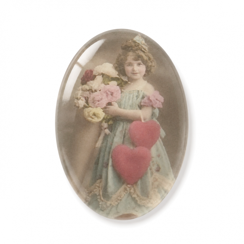 Cabochon en Verre Illustré Petite Fille Coeur Vintage 18x25mm