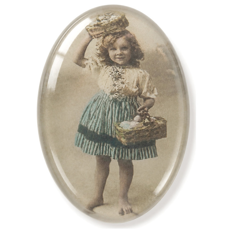 Cabochon en Verre Illustré Fillette Vintage au Panier de Fleurs 18x25mm