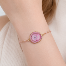 Connecteur Stylisé en Pierre Naturelle Quartz Solaire Teinté Rose Métal Doré 20-31mm