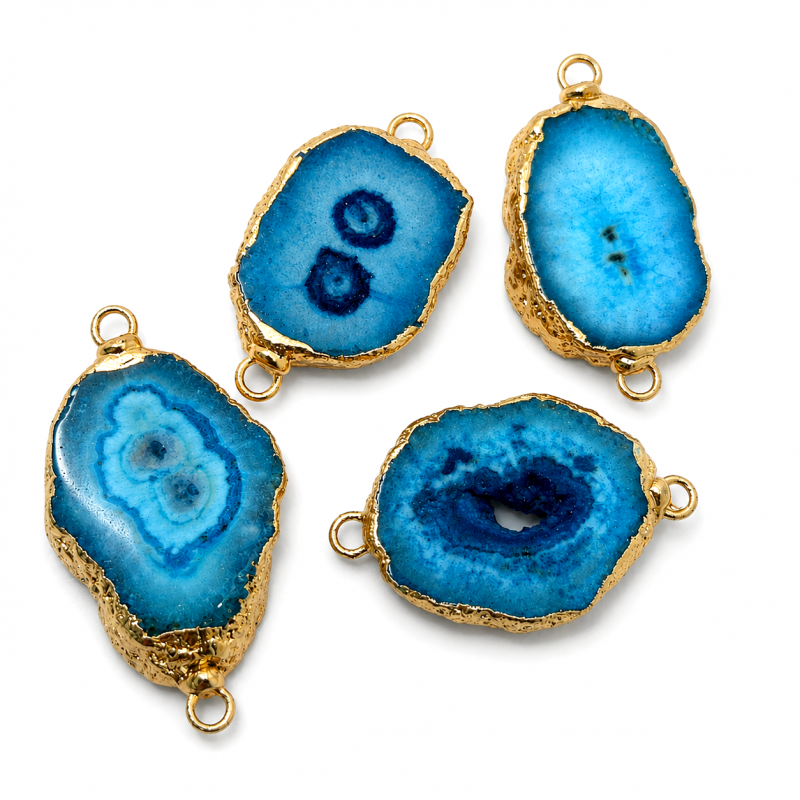 Connecteur Stylisé en Pierre Naturelle Quartz Solaire Teinté Bleu Métal Doré 20-31mm