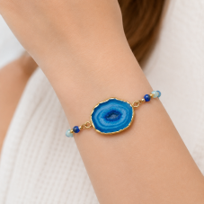 Connecteur Stylisé en Pierre Naturelle Quartz Solaire Teinté Bleu Métal Doré 20-31mm