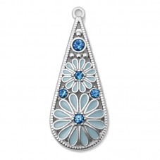 Breloque Goutte Fleurs en Émail et Strass Métal Argenté 42x17mm pour la Création de Bijoux Fantaisie - DIY