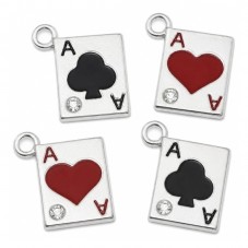4 Breloques Cartes As de Coeur et de Trèfle en Émail avec Strass 21x19mm pour la Création de Bijoux Fantaisie - DIY