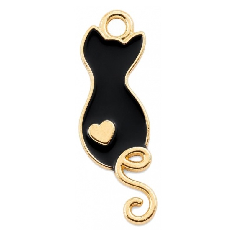 2 Breloques Chat Émail Noir Métal Doré 23x8mm