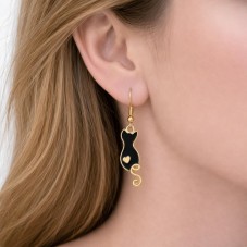 2 Breloques Chat Émail Noir Métal Doré 23x8mm