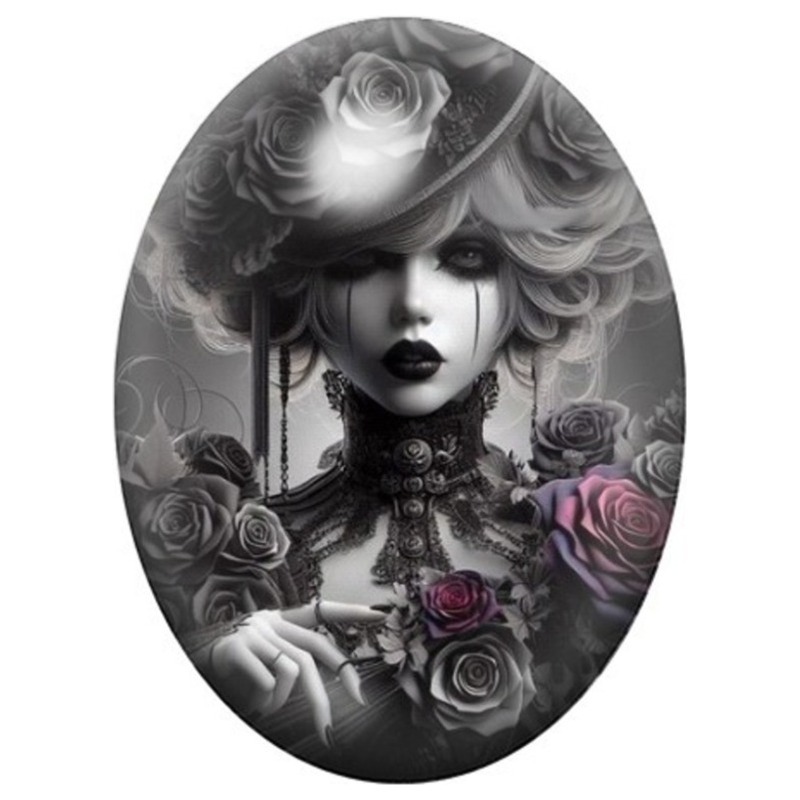 Cabochon en Verre Illustré Femme Gothique parmi les Roses 13x18, 18x25 ou 30x40mm