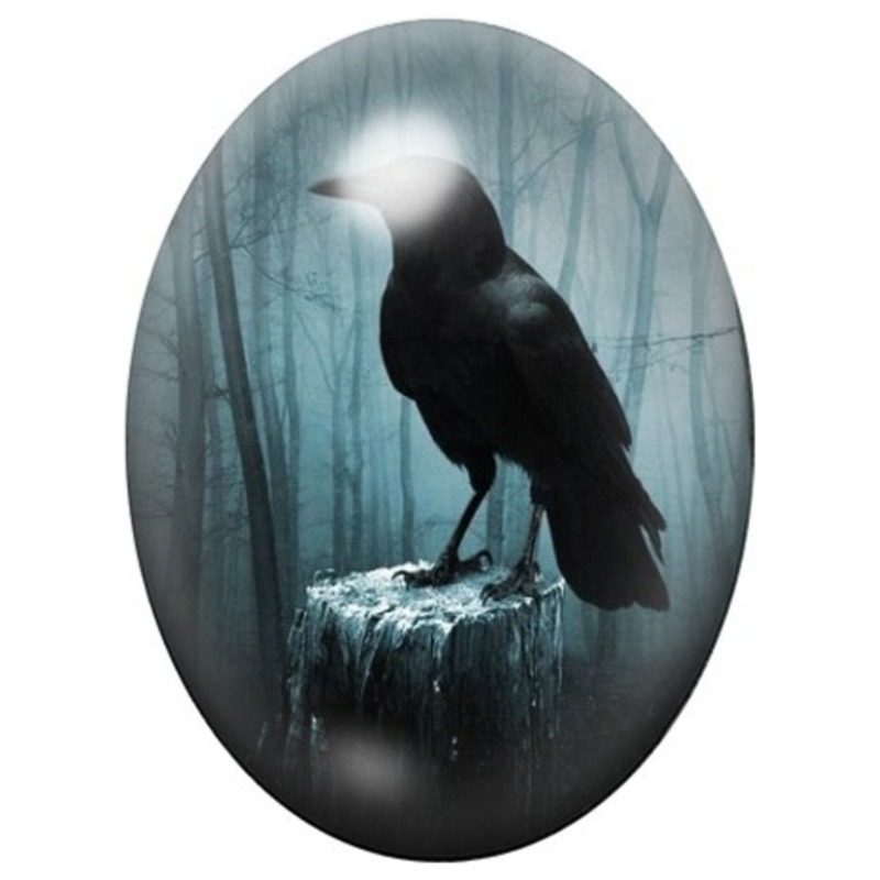 Cabochon en Verre Illustré Corbeau dans la Forêt Bleue 13x18, 18x25 ou 30x40mm