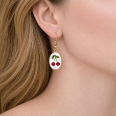 Breloque Cerises Rétro en Émail Acier Inoxydable Doré 23x13mm