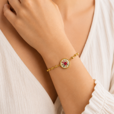 Support Bracelet en Acier Inoxydable Doré avec Perles pour Cabochon 12mm