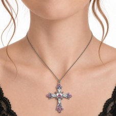 Breloque Pendentif Croix Argentée Strass Rose Gothique 42x32mm