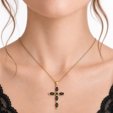 Breloque Pendentif Croix Métal Doré Zircon Noir 42x25mm