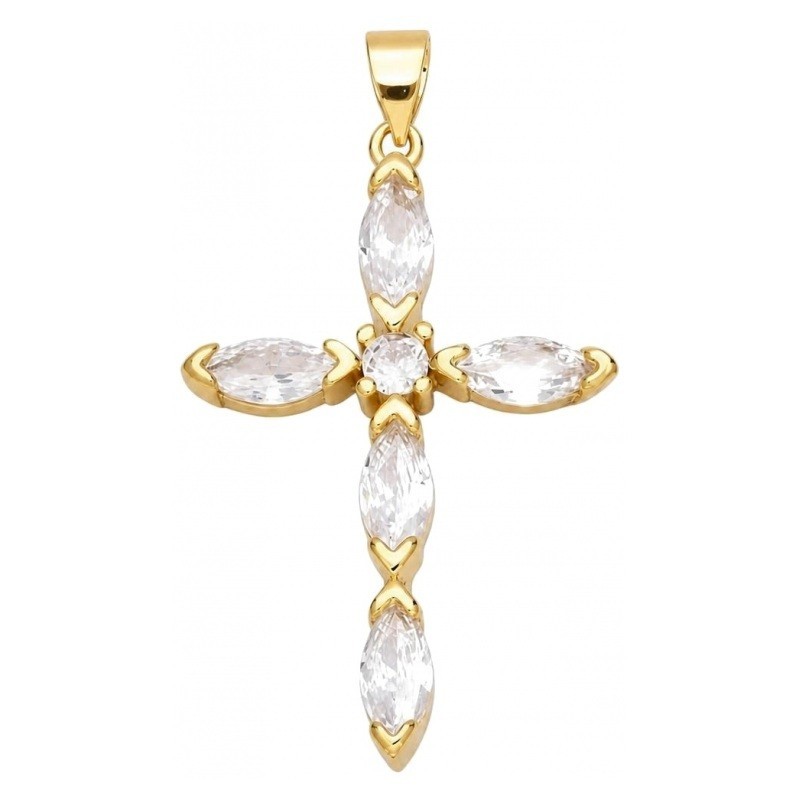 Breloque Pendentif Croix Métal Doré Zircon Transparent 42x25mm