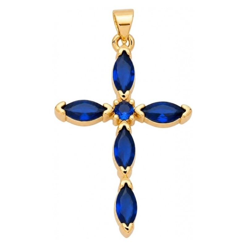 Breloque Pendentif Croix Métal Doré Zircon Bleu 42x25mm
