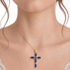 Breloque Pendentif Croix Métal Doré Zircon Bleu 42x25mm