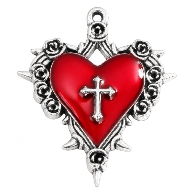 Breloque Coeur Croix en Émail Rouge Métal Argenté Gothique 34x30mm