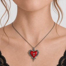 Breloque Coeur Croix en Émail Rouge Métal Argenté Gothique 34x30mm