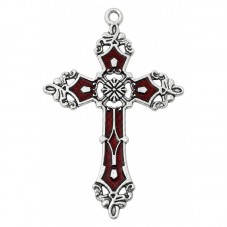 Breloque Pendentif Croix Argentée en Émail Rouge Gothique 55x35mm pour la Creation de Bijoux Fantaisie - DIY