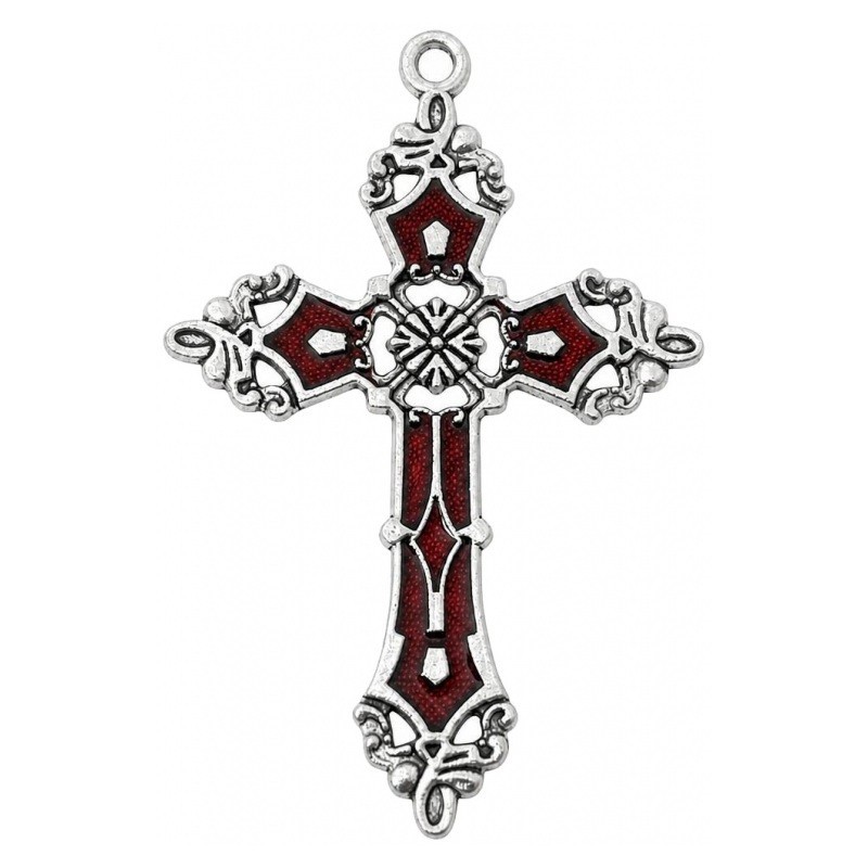 Breloque Pendentif Croix Argentée en Émail Rouge Gothique 55x35mm