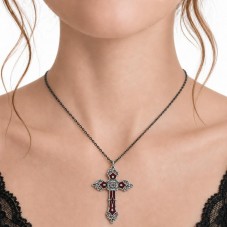 Breloque Pendentif Croix Argentée en Émail Rouge Gothique 55x35mm
