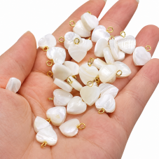 2 Breloques Coeur en Nacre Coquillage Naturel d'Eau Douce Blanc Métal Doré 10mm