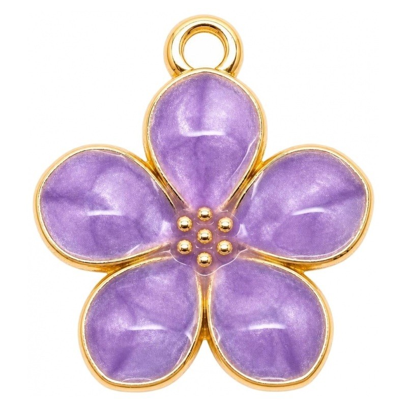 2 Breloques Fleur Émail Mauve Métal Doré 17x15mm