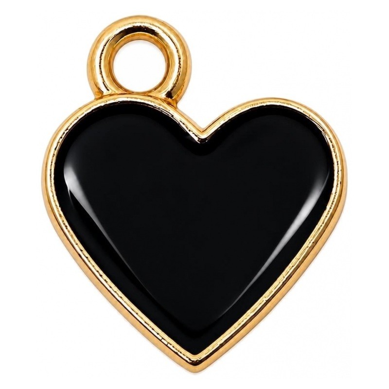 2 Breloques Coeur en Émail Noir Métal Doré 13x12mm